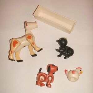 Set 5 Fisher Price Vintage Little People Farm Animals Chicken Pig Dog Cow Trough